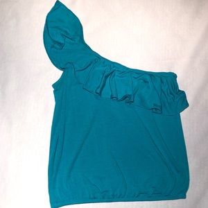 American Eagle Teal One-Shoulder Ruffle Top